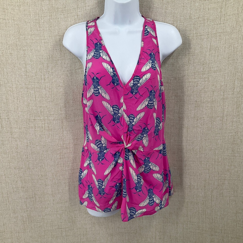 Leifnotes Anthropologie Top 4 Pink Silk Bee Print Twist Front Whimsical Airy NEW